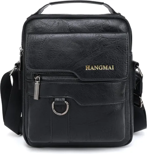 HANGMAI Small Leather Messenger Bag Shoulder Crossbody for Mens Travel Office Business Magnetic Buckle Adjustable Strap