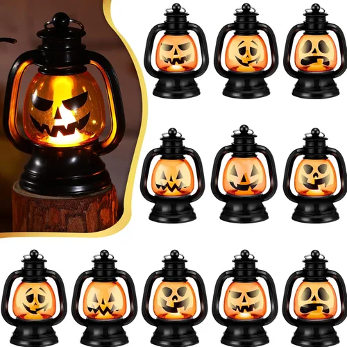 Vista 8 de ROCEEI 24 mini faroles de calabaza de Halloween de 3.54 pulgadas, centro de mesa Jack O Lantern, decoración colgante de Halloween, lámpara de luz a