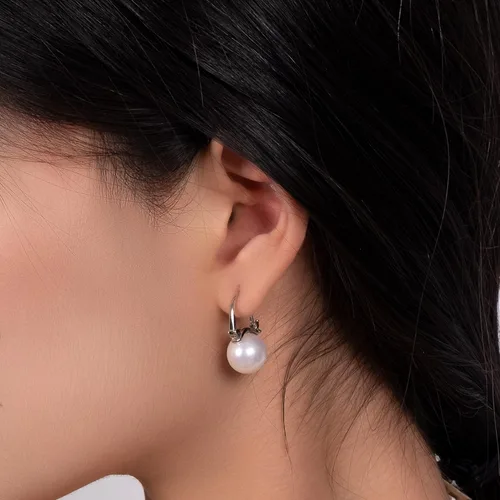Vista 2 de Aretes colgantes de plata de ley 925 con perlas reales de agua dulce de calidad para mujer