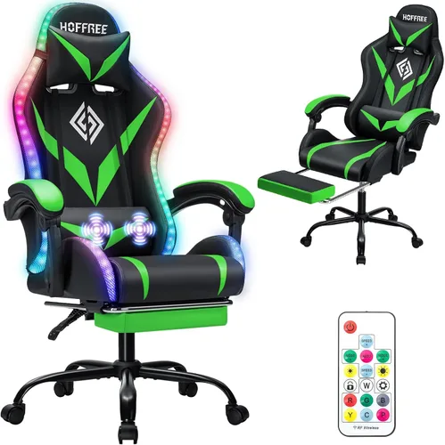 Vista 13 de HOFFREE - Silla para juegos con luces LED RGB estilo carreras, color azul azul+negro