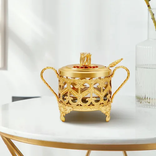 Vista 6 de Flylin Azucarero, azucarero turco con cuchara de azúcar y tapa, recipiente de doble soporte, recipiente para condimentos, tarro de vidrio