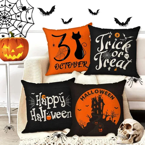 Vista 3 de CREATRILL Juego de 4 fundas de almohada de Halloween de 18 x 18 pulgadas, funda de almohada de lino suave con castillo de gato negro, decoración