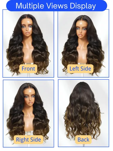 Vista 4 de Nadula Peluca Precortada 13x4 HD Ondas Sueltas Castaño Ombré Marrón con Cordón Cabello Humano con Flequillo Face Framing, Peluca Frontal de Encaje