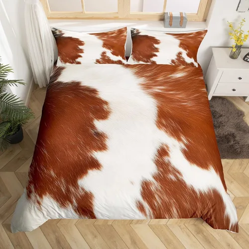Vista 9 de Funda de edredón con estampado de vaca marrón para niñas y niños, funda de edredón de piel de vaca de las tierras altas, juego de ropa de cama
