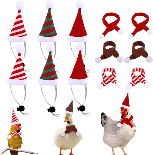 Juego de 12 bufandas de gorro de pollo para mascotas, mini sombrero de Papá Noel, correas ajustables, sombrero de animal para gallina, pato,