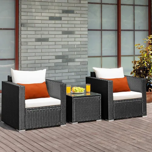 Juego de muebles de mimbre de ratán para exteriores, 3 piezas, con cojín resistente al agua y mesa de vidrio templado, silla de mimbre para porche,