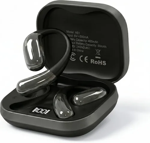 Auriculares de oreja abierta, auriculares inalámbricos con pantalla digital inteligente y micrófono, auriculares de oreja abierta 35 horas de Negro