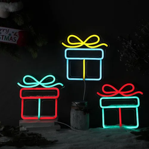 Vista 5 de ROCEEI 3 letreros de neón de Navidad, caja de regalo de luces de neón, barra de pared LED USB, decoración de sala de estar para fiesta de invierno