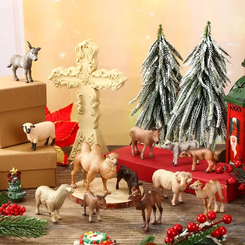 Vista 3 de 12 Pcs Christmas Nativity Animals Set Small Sheltering Animals Collectible Figurines Include Camel Sheep Donkey Cow Figures for Holy Family Outdoor