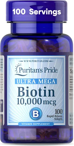 Puritan's Pride Ultra Mega Biotina Premium 10,000mcg, suplemento dietético para cabello saludable, piel, uñas y apoyo al metabolismo energético,