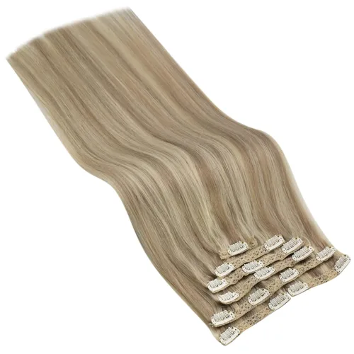 Vista 8 de Sunny Hair - Extensiones de clip de cabello humano real - rubio dorado con reflejos rubio claro - 24pulgadas, 7unidades, 4.23onzas