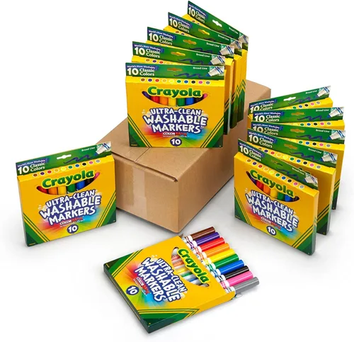 Crayola Marcadores de línea ancha lavables ultra limpios (12 cajas), marcadores de aula a granel para niños, 10 colores, imprescindible para el aula