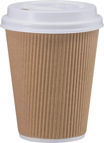 Vista 4 de NYHI Set of 150 Brown Disposable Paper Cups with White Lids 6 oz Ripple Insulated Kraft for Hot Drinks Tea Coffee Triple Layer Design Recyclable