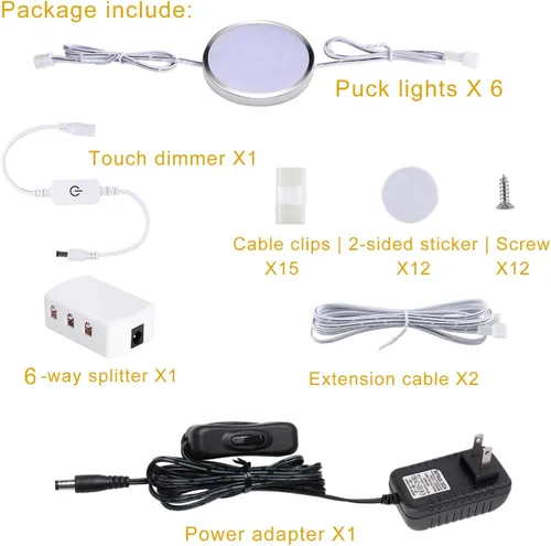 Vista 5 de Kit de iluminación LED para debajo del gabinete, paquete de 6 luces de disco enlazables con atenuador táctil, enchufe con cable para iluminación