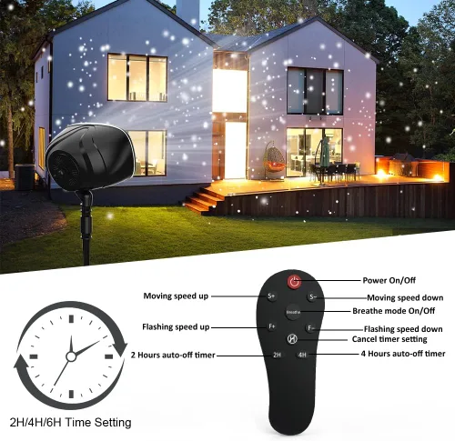 Vista 2 de Proyector de luces de nevada navideña, luces de proyector festivas impermeables con copos de nieve, reflector de paisaje con control remoto
