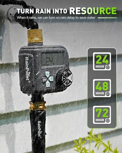 Vista 6 de RAINPOINT Temporizador de aspersor con 3 programas diferentes, temporizador de manguera impermeable, entrada de latón con retardo de lluvia, sistema