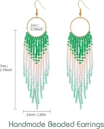 Vista 6 de Aretes de borla hechos a mano, aretes de cuentas de semillas, aretes bohemios con flecos para mujeres y niñas