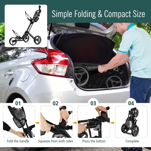 Vista 6 de Tangkula Carrito de golf de empuje, carrito de golf plegable de aluminio ligero de 3 ruedas, carrito de golf con bolsa de almacenamiento y soporte