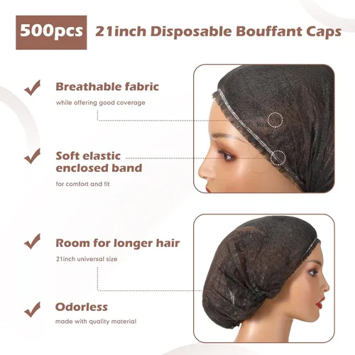 Vista 2 de Yahenda 500 gorras desechables Bouffant a granel para el cabello, redecillas elásticas para el polvo, para servicio de alimentos, enfermeras, Negro