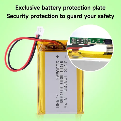 Vista 6 de 103450 Batería de polímero de litio 3.7V 2000mAh 7.4wh Lipo batería recargable con 2 cables JST 0.079 in conector para altavoz y dispositivo