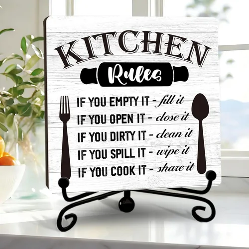 Vista 12 de Placa de madera rústica con soporte, decoración de cocina, letrero de madera con reglas de cocina, idea de decoración de madera para el hogar, sala