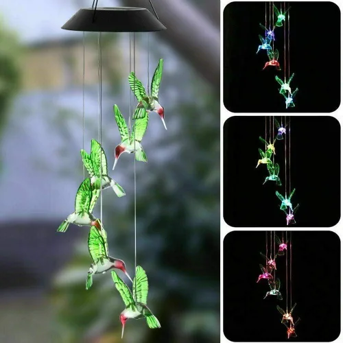 Vista 4 de EpicGadget - Lámpara solar con diseño de colibrí, campanilla de viento con pájaro que cambia de color, luces decorativas para el jardín al aire