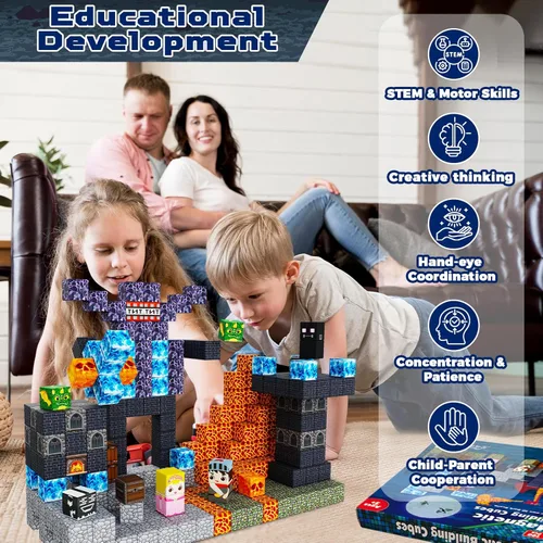 Vista 6 de Bloques magnéticos de 100 piezas, juego de bloques de construcción magnéticos de castillo oscuro, imanes apilables para niños, imanes fuertes