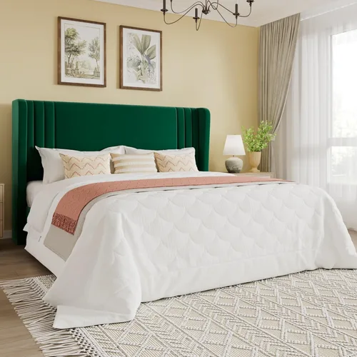 Vista 57 de SHA CERLIN Base de cama tapizada de terciopelo de tamaño matrimonial con cabecera de ala capitonada de canal vertical, soporte de listones