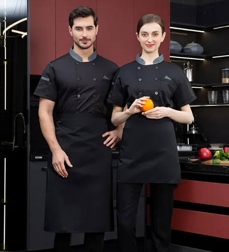 Vista 2 de Chaqueta de chef unisex de doble botonadura con espalda completa, ligera, con costuras de color, uniforme de chef