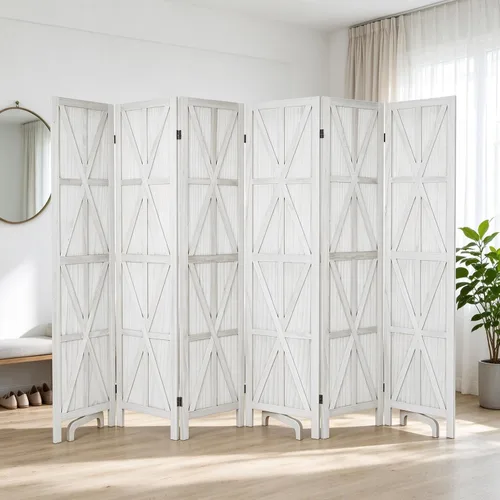 6 Panel Wooden Room Divider,67" Tall Folding Privacy Screen,Whitewashed Whitewashed 6 Panel
