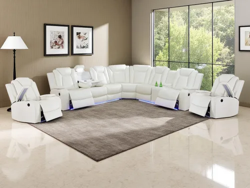 Vista 27 de Juego de sofá de cuero transpirable con puerto USB, 5 sofás seccionales reclinables en forma de L y 2 sillas, juego de sofá seccional reclinable