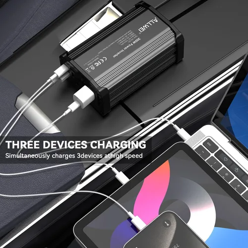 Vista 3 de ALLWEI Inversor de corriente de 300 W, 12 V CC a 110 V CA, adaptador de enchufe de automóvil, convertidor de salida con 27 W PD USB-C y cargador