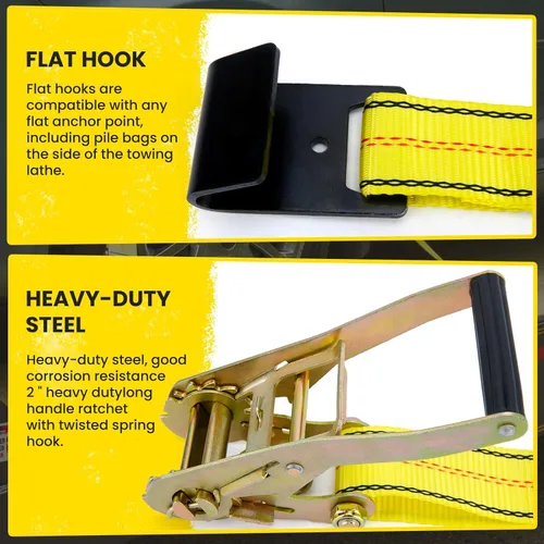 Vista 2 de Correas de neumático para un remolque de automóvil, correa de amarre de rueda de 2 pulgadas x 10 pies con ganchos a presión, correa de rueda