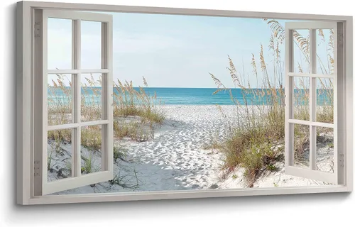Lienzo decorativo para pared con ventana de playa: relajante dormitorio sala de estar, océano azul, escena costera, imagen moderna de paisaje de mar