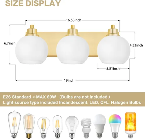Vista 2 de Tuscarora Lámparas de Baño Doradas para Tocador, Lámpara de Tocador de 3 Luces, Apliques de Pared, Iluminación de Latón Cepillado, Luces de Baño