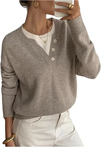 Vista 2 de SOLY HUX Suéteres Pullover para Mujer de Manga Larga con Botones Cuello Redondo 2 en 1 Tops de Punto Holgados Albaricoque puro