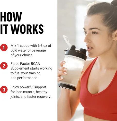 Vista 5 de Force Factor BCAA Aminoácidos Suplemento 2:1:1, delicioso y refrescante BCAA en polvo para apoyar la recuperación muscular y el rendimiento, sin