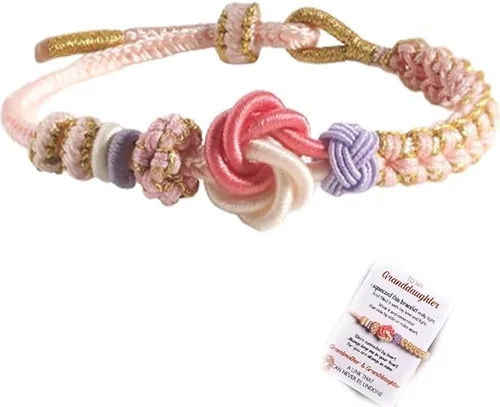 Vista 3 de BOSONS Para hijasabuela pulsera de nudo de flor de durazno con un eslabón que nunca se puede deshacer, pulsera trenzada ajustable para nieta