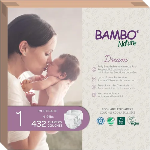 Bambo Nature Pañales hipoalergénicos Dream Baby, pañales sostenibles con etiqueta ecológica de primera calidad, protección mejorada contra fugas,
