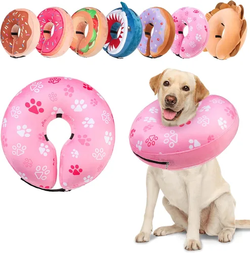 Vista 14 de BEAUTYZOO - Collar inflable suave para perros y gatos, alternativa a conos postoperatorios, con forma de donut, para evitar lamidos, color rosa