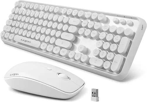 Combo de teclado y mouse de máquina de escribir retro blanco, bonito teclado inalámbrico con teclas redondas retro, 2.4 GHz, teclado cremoso y