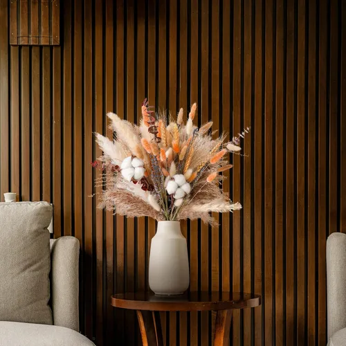 Vista 4 de Ramo de flores secas de otoño, decoración de otoño bohemia con hierba de pampas, algodón y colas de conejo naranja, arreglo floral de otoño