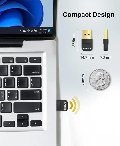 Vista 9 de Kinivo Adaptador Bluetooth USB para PC (BT6.0, receptor inalámbrico Plug & Play para Ubuntu, Windows 11/10/8.1/8) - Funciona con laptop