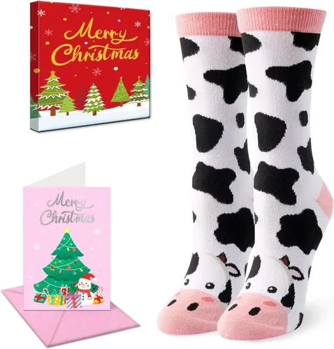 HAPPYPOP Regalos de animales para mujer, calcetines novedosos con estampado de vaca y zorro de pollo para amantes de los animales Vaca de Navidad