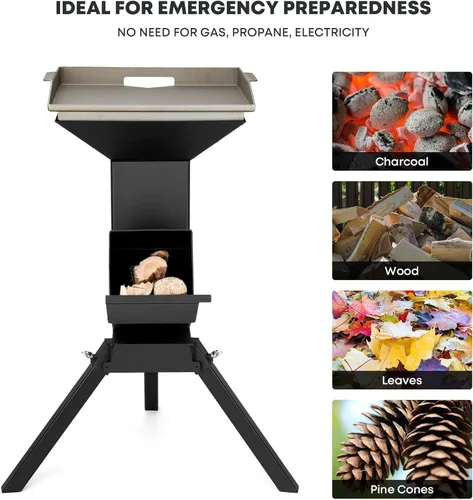 Vista 3 de Stanbroil Estufas de cohete 3 en 1 con rejilla para parrilla, plancha y soporte de cocina, estufas de leña resistentes para cocinar, kit de estufa