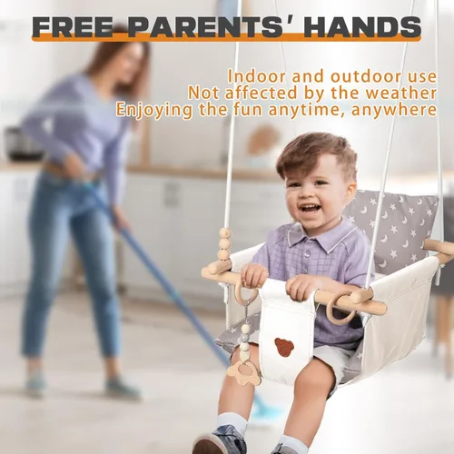 Vista 5 de Columpio para bebé con soporte, juego de columpios para bebé, juego de columpios para interiores y exteriores con asiento acolchado de lona (blanco)