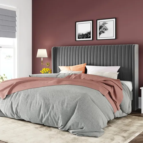 Vista 18 de Allewie Marco de cama de terciopelo de tamaño matrimonial, cabecera capitoné vertical con respaldo de ala, plataforma tapizada, listones de madera