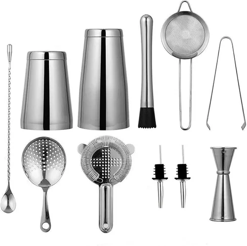 Vista 9 de Juego de coctelera de 11 piezas - Boston, coctelera con colador, jigger de bar, cuchara de bar y más - Juego completo de cóctel de acero inoxidable