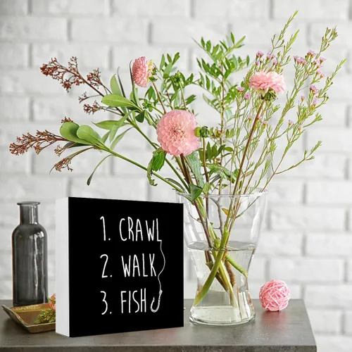 Vista 5 de Cartel de madera rústica de pez de gateo negro, divertido bloque de madera para bebé, decoración de escritorio para el hogar, dormitorio, habitación