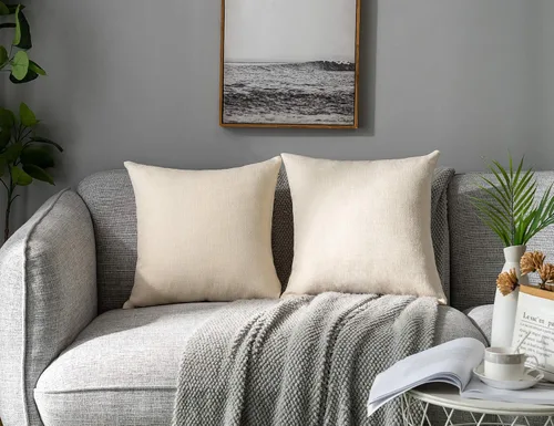 Vista 22 de Stellhome Juego de 2 fundas de almohada de lino para cama, sofá, banco, fundas de cojín cuadradas de yute sólido, 16 x 16 pulgadas (40 cm), Beige